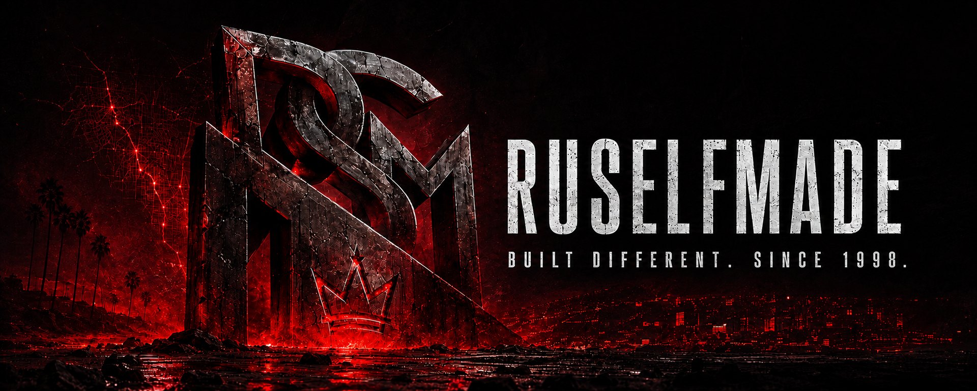 The RuSelfMade monogram carved as a stone monolith over an ember-lit city — Built Different. Since 1998.